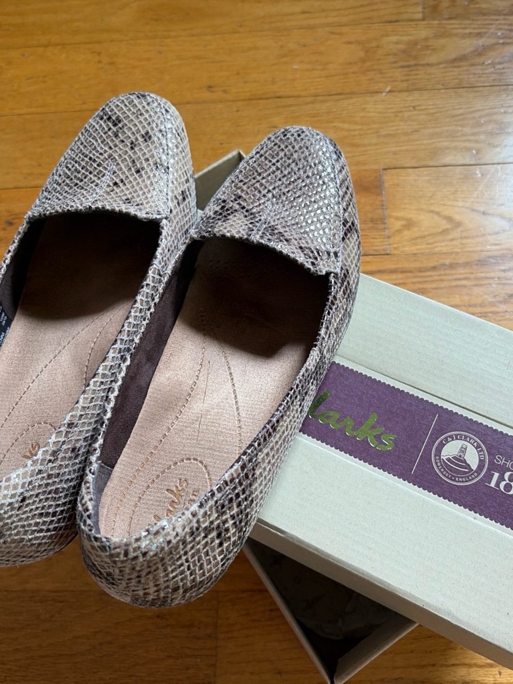 Clarks Snake-Print Loafers in Taupe and Beige
